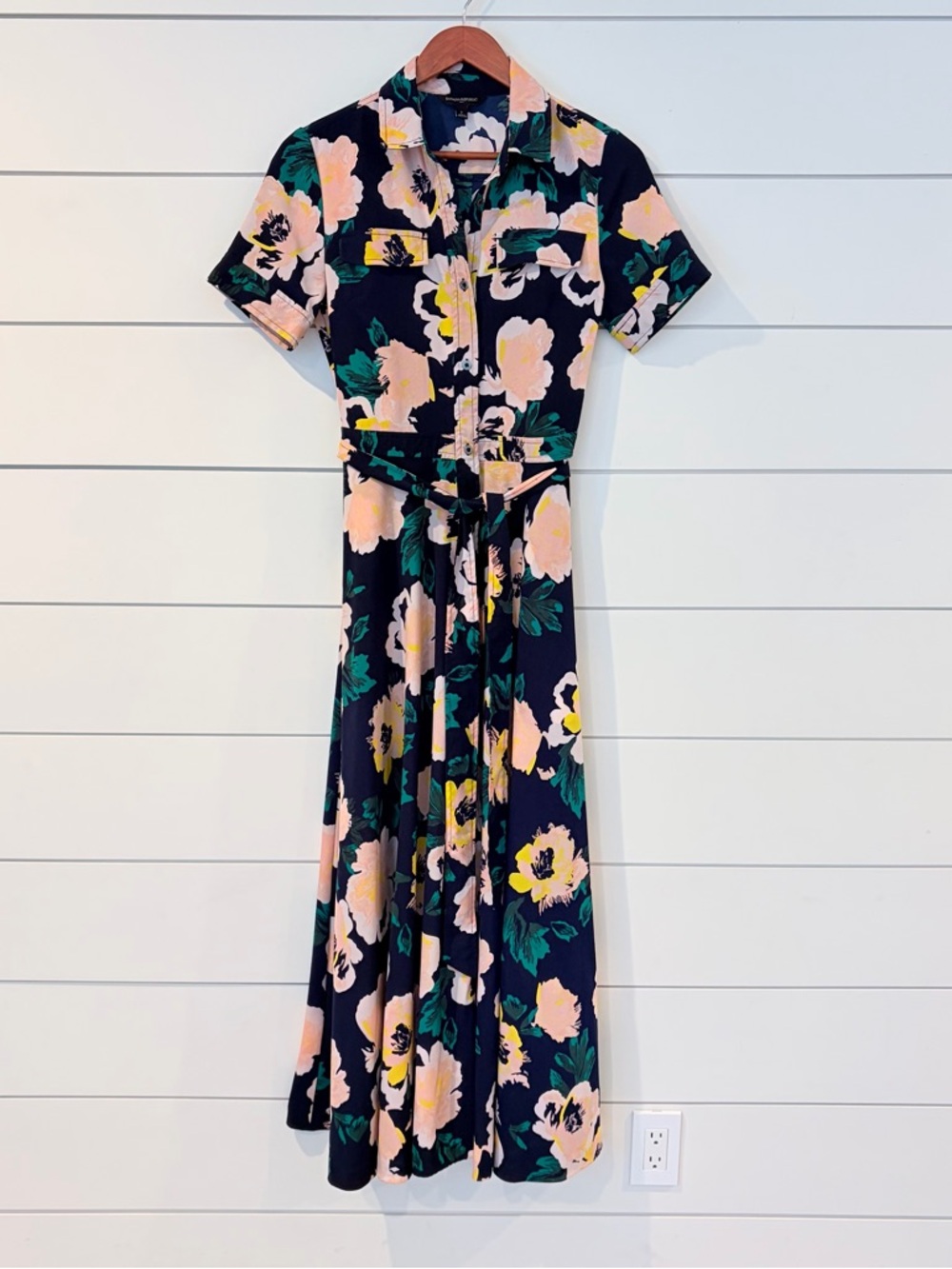 Banana Republic Floral Midi Navy Pink Belted Shirt Dress 2 Wedding Garden Party
